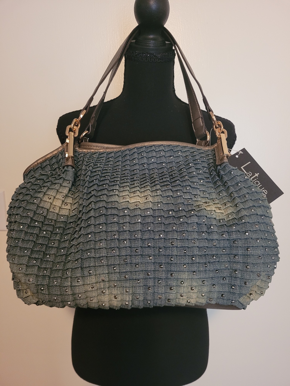 LaTique Slate Blue Denim Ruched Beaded Shoulder Bag